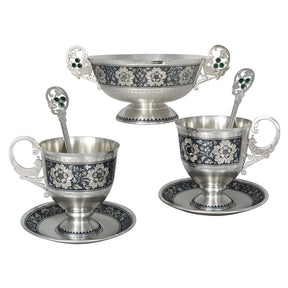 Teeservice 925 Silber Niello für Zwei — Zuckerschale, zwei Tassen mit Untertassen und zwei Löffel, dunkles Blütenornament