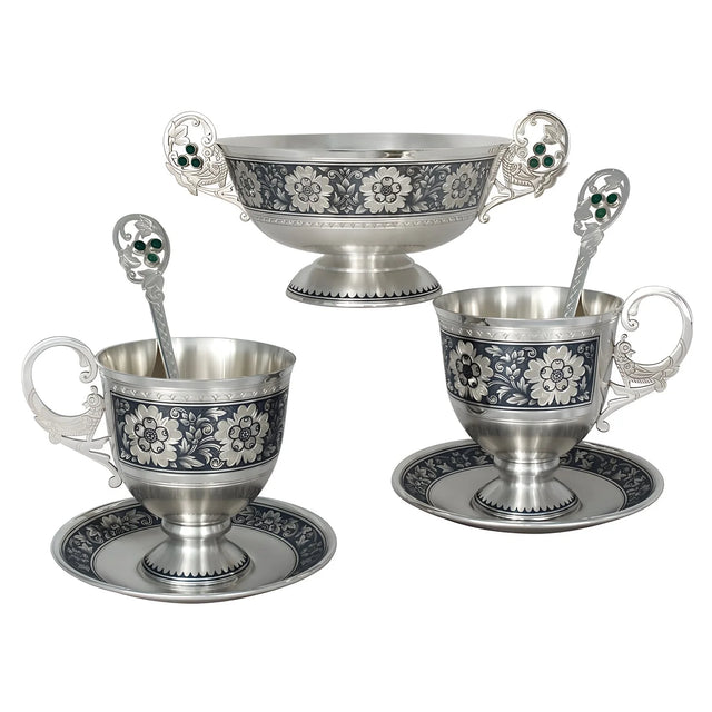 Teeservice 925 Silber Niello für Zwei — Zuckerschale, zwei Tassen mit Untertassen und zwei Löffel, dunkles Blütenornament