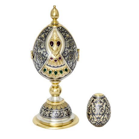 Fabergé Ei Stil aus 925 Silber mit Niello-Verzierung & Edelsteinen – luxuriöses Sammlerstück, exklusives Geschenk.