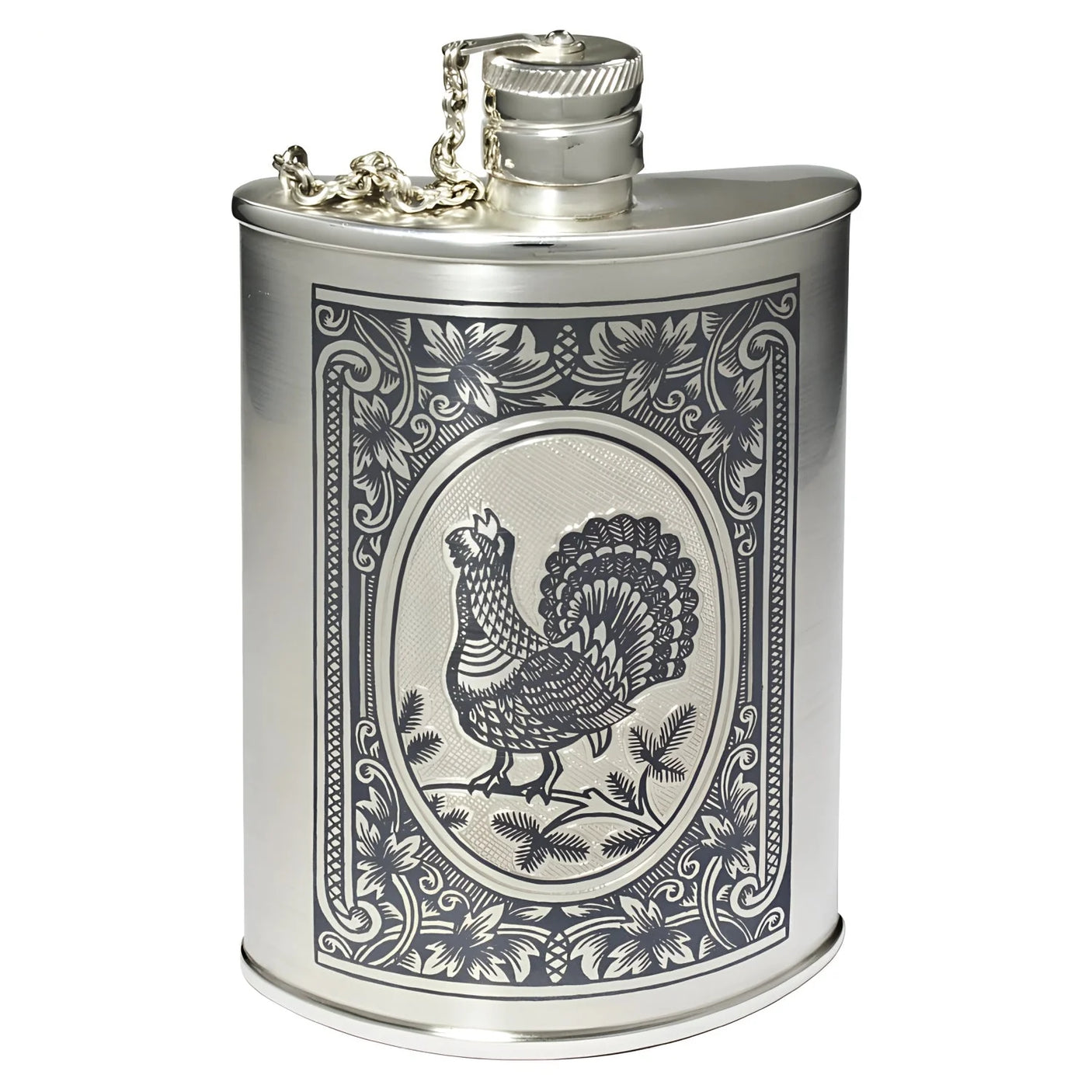 Flachmann 925 Silber Niello mit Auerhahn-Gravur — Detail-Aufnahme