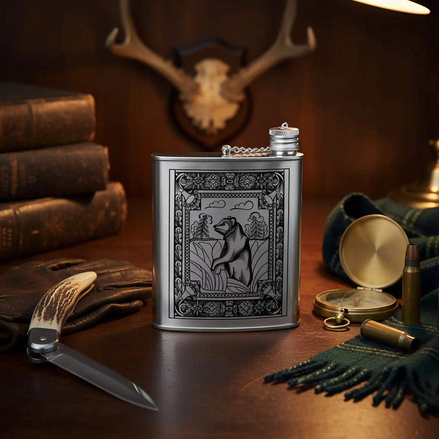 Flachmann 925 Silber – Bär Niello - Design | 260 ml Luxusgeschenk