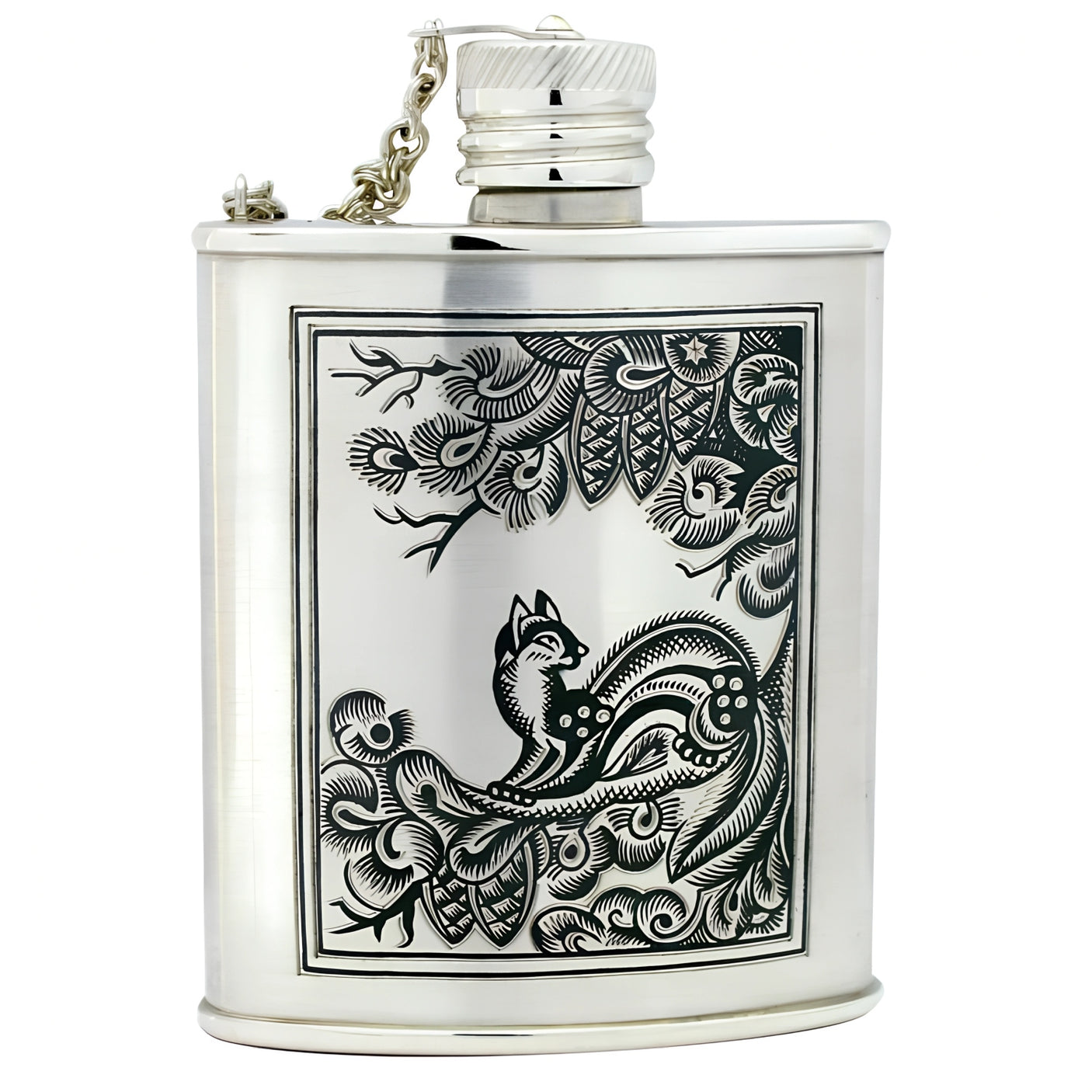 Flachmann aus 925 Sterling Silber mit Niello-Veredelung und Wieselmotiv – edles Jagdgeschenk mit Gravuroption.