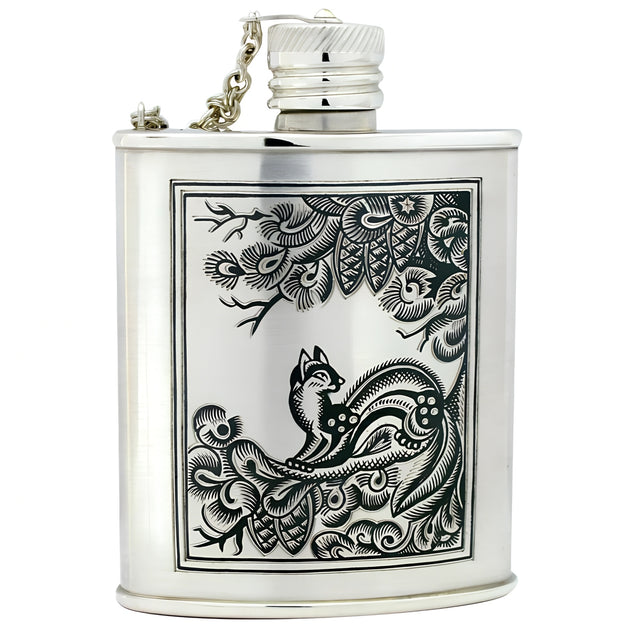 Flachmann aus 925 Sterling Silber mit Niello-Veredelung und Wieselmotiv – edles Jagdgeschenk mit Gravuroption.