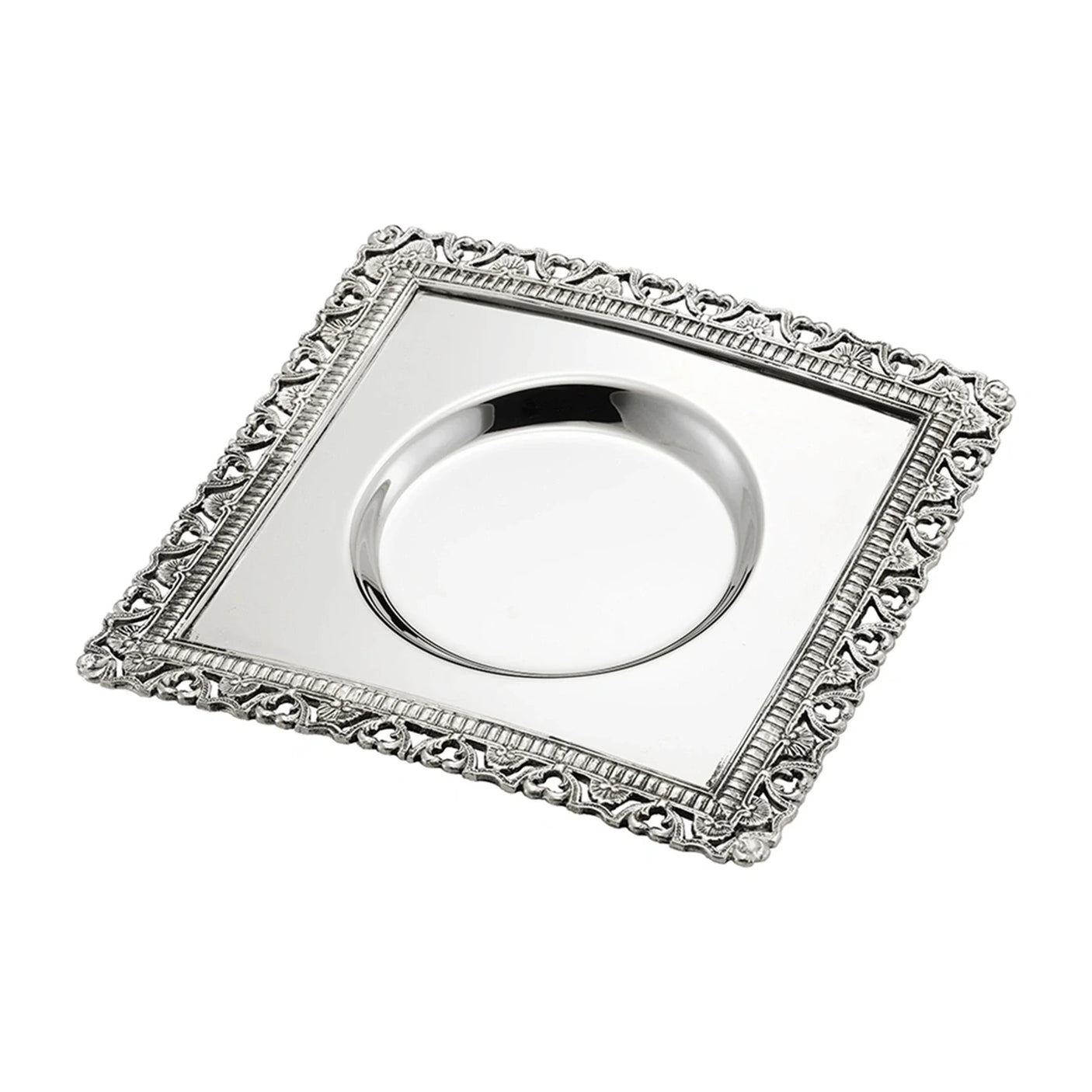 Flaschenuntersetzer 925 Silber Zaramella — quadratisch mit ziseliertem Rankenrand und runder Mulde