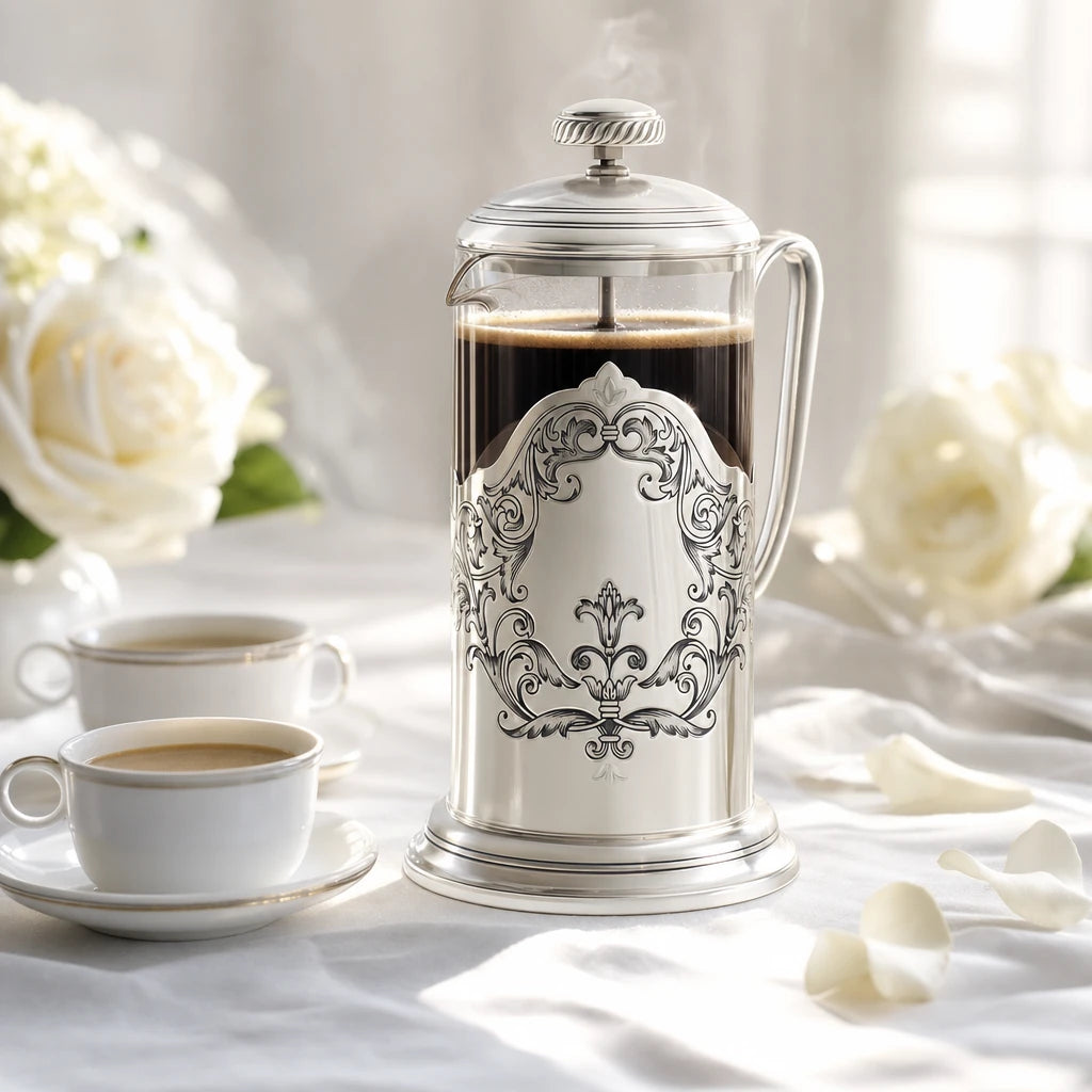 French Press aus 925 Sterling Silber mit graviertem Akanthus-Medaillon auf weiß gedecktem Frühstückstisch mit Rosen — Lifestyle