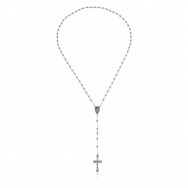 Eine edle Gebetskette aus 925 Sterling Silber mit einem Kreuz mit 3mm-Perlkugeln 57cm groß.
