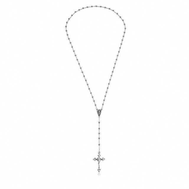 Eine Gebetskette aus 925 Sterling Silber mit einem Kreuz mit 3mm-Perlkugeln 69cm groß.