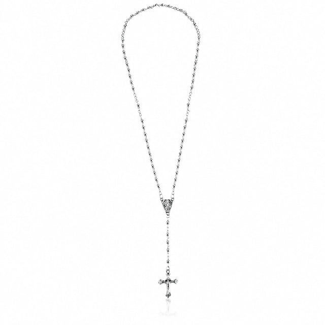 Eine edle Gebetskette aus 925 Sterling Silber mit einem Kreuz mit 3mm-Perlkugeln 46cm lang.
