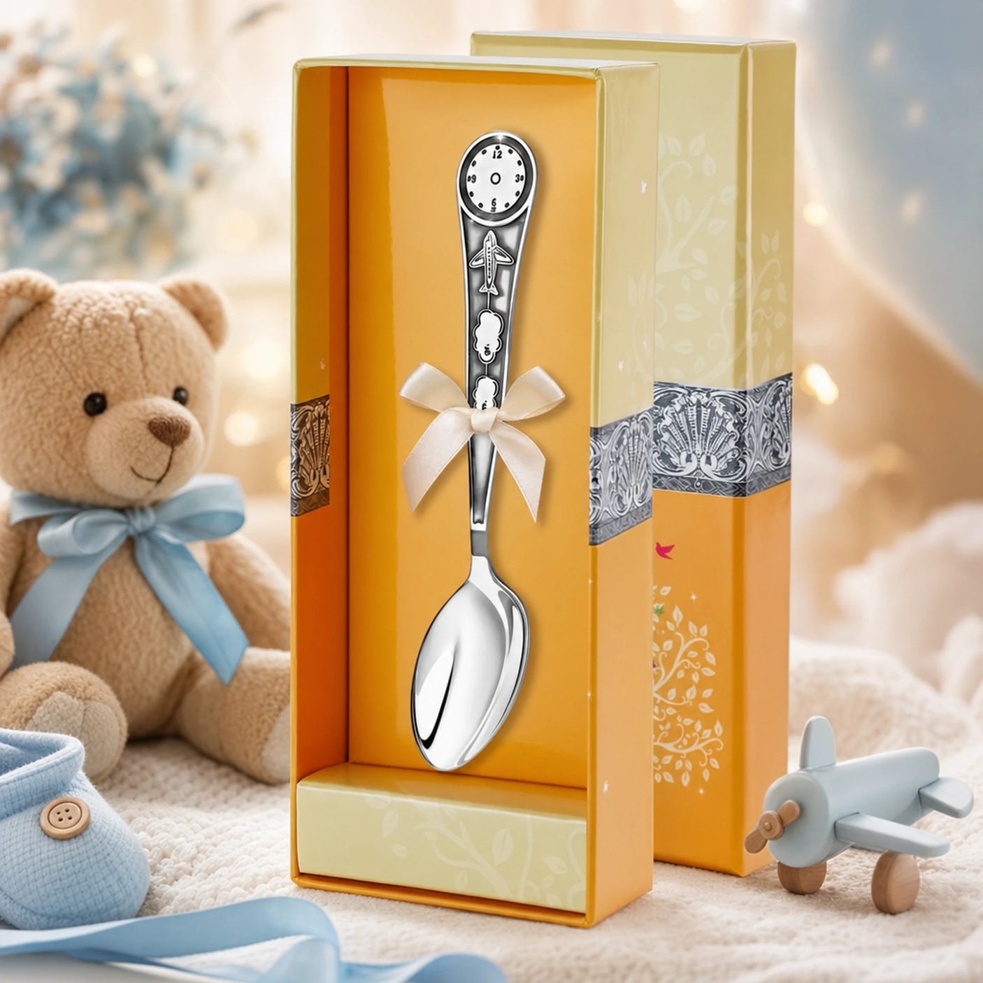 Geburtslöffel 925 Silber mit Flugzeug-Motiv und Geburtsuhr — Lifestyle-Setting, Erinnerungsgeschenk zur Geburt für Jungen