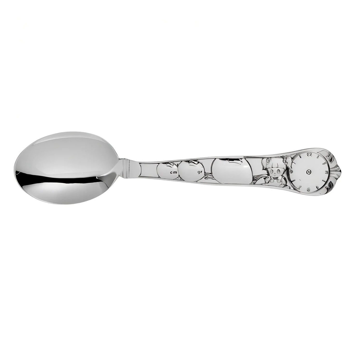 Geburtslöffel 925 Silber mit Mädchen-Motiv, Gravurfeldern für Uhrzeit, Größe, Gewicht – Geschenk zur Geburt für Mädchen.