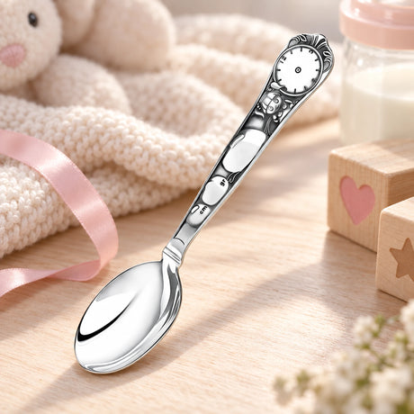 Geburtslöffel Mädchen aus 925 Silber mit Uhr, Gewicht & Namensgravur — Lifestyle-Setting, Geschenk zur Geburt