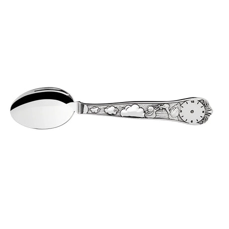 Geburtslöffel 925 Silber Storch — Silberlöffel mit Storch-Relief, Gravurfeldern und Uhr-Zifferblatt am Stiel