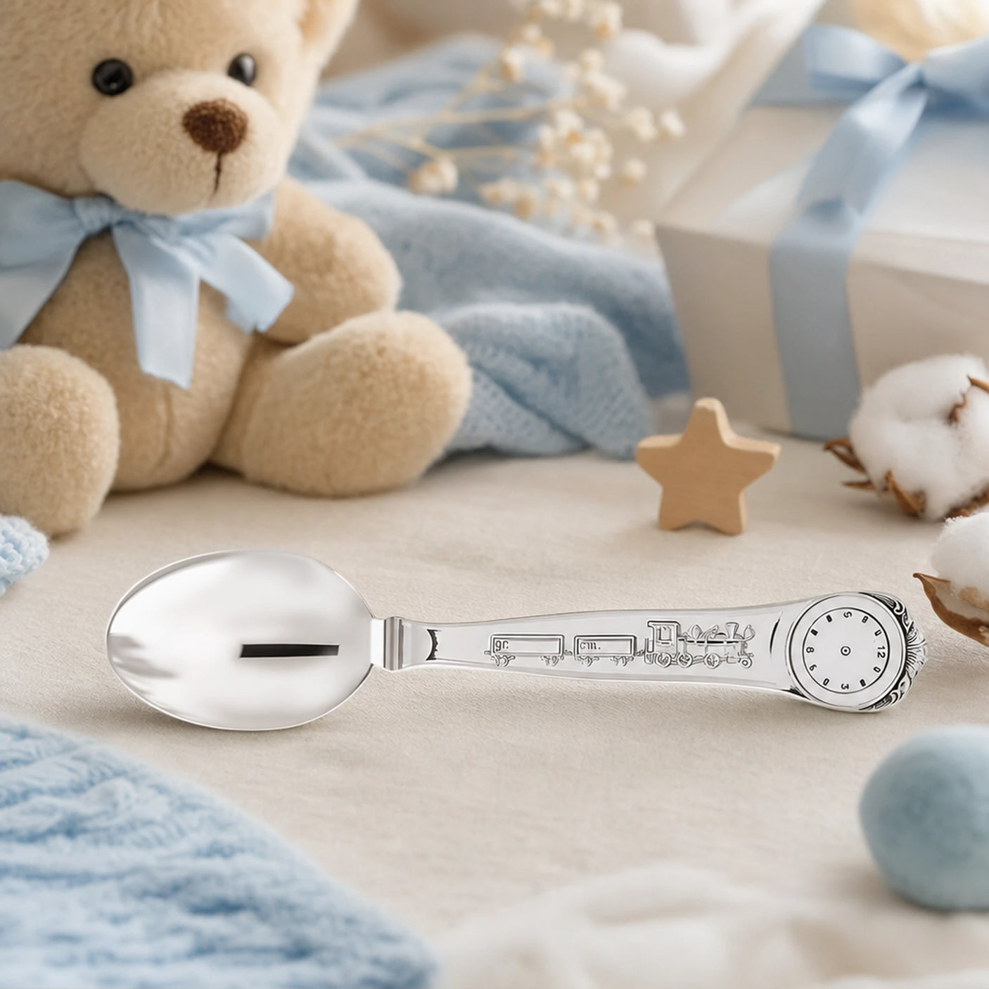 Geburtslöffel 925 Silber mit Zug-Motiv — Lifestyle-Setting, Erinnerungsgeschenk zur Geburt