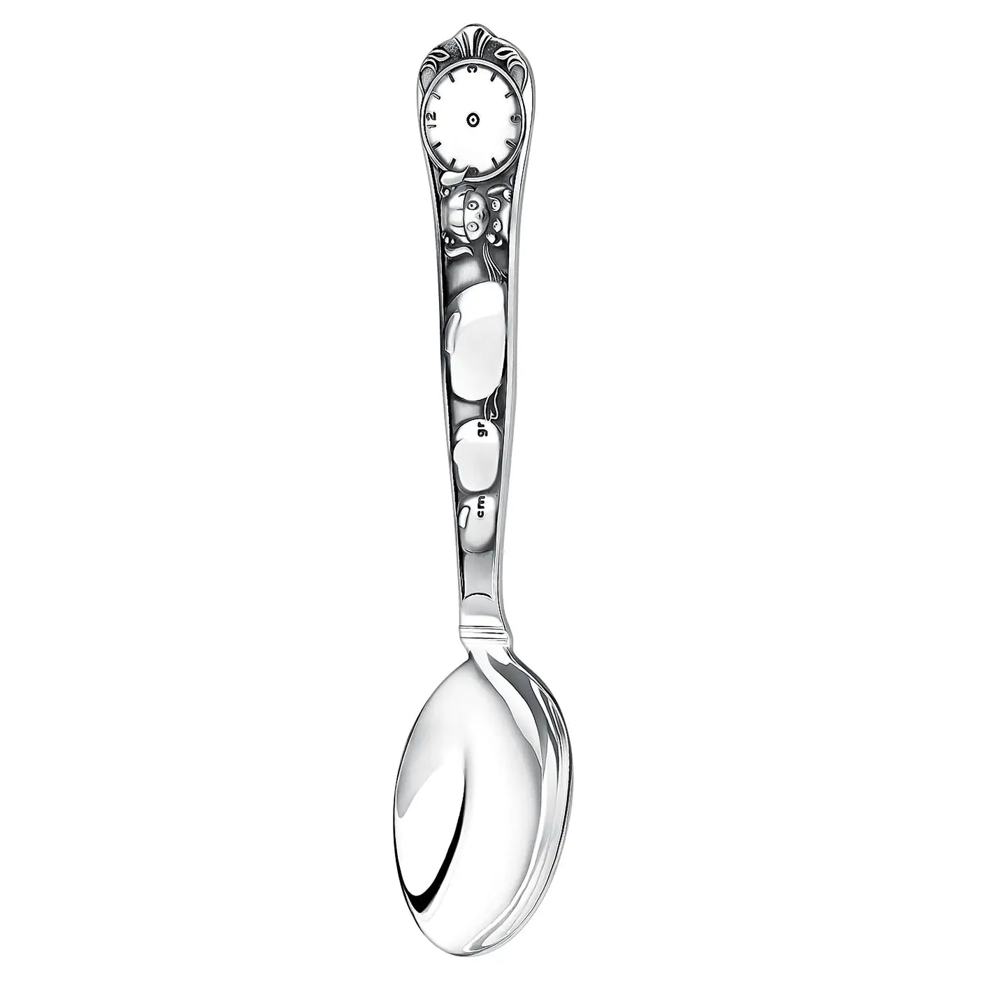 Geburtslöffel 925 Silber Puppe mit Geburtsuhr, mit einem Mädchen-Motiv, edle Geburtsgeschenke für Mädchen.