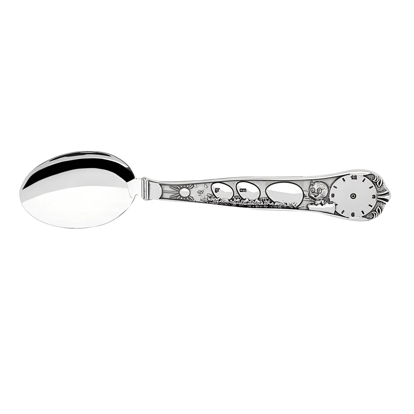 925 Silber Geburtslöffel mit Küken, Sonne, Maßen & Geburtsuhr. Gravierbarer Tauflöffel in poliertem Design.