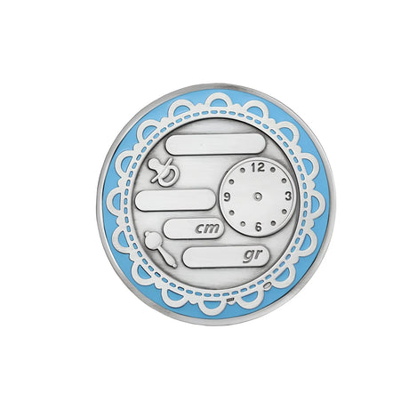 925 Silber Geburtstaler blau Rückseite. Felder für Name Datum Größe Gewicht Uhrzeit.