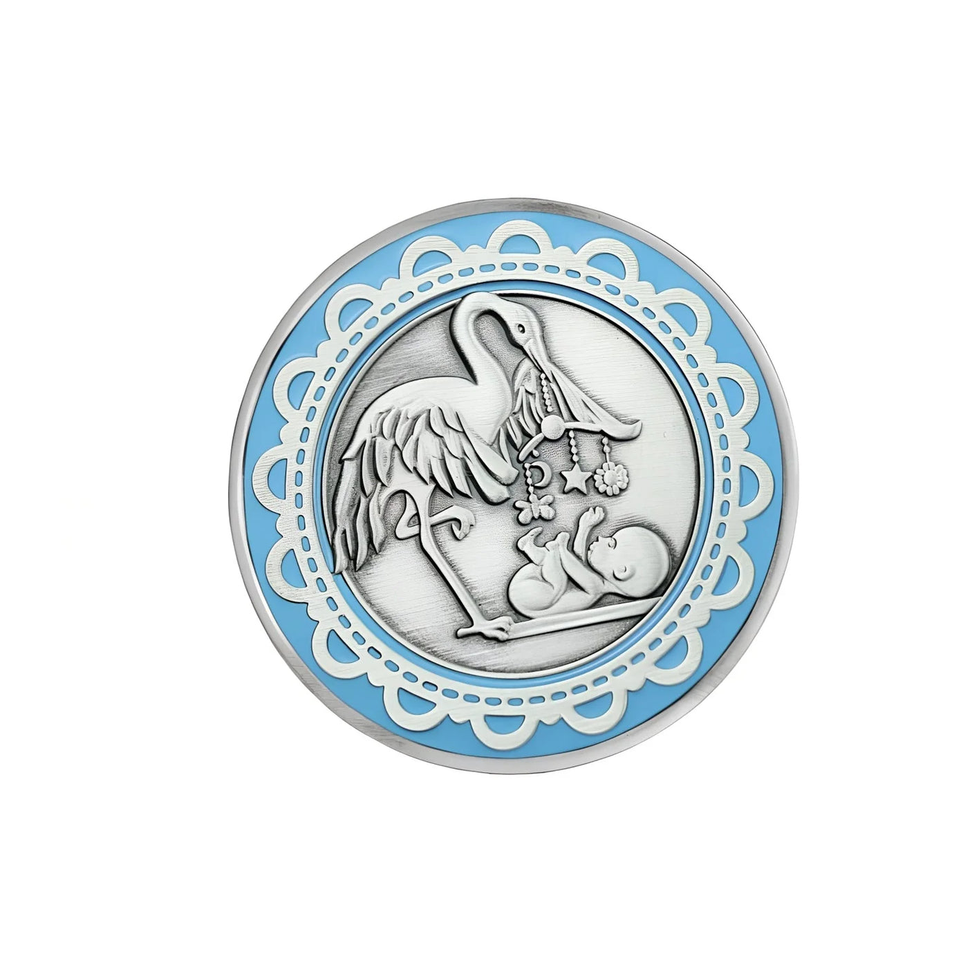 925 Silber Geburtstaler Junge Storch Baby blau Emaille. Taufgeschenk.