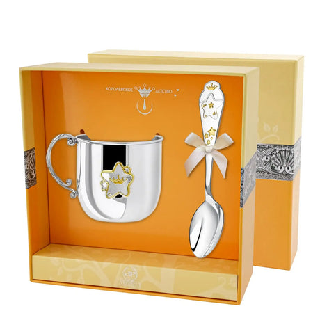 Geschenk zur Geburt 925 Silber Set in eleganter Geschenkbox mit Kinderbecher und Kinderlöffel vergoldete Sterne