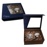 Geschenkset 925 Silber vergoldet Niello — Teetasse, Untertasse und Teelöffel in blauer Geschenkbox