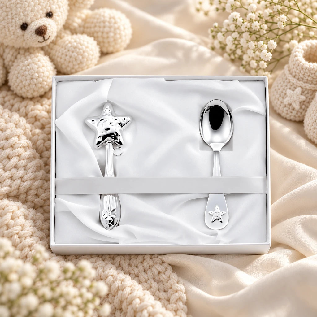 Geschenkset Zaramella 925 Silber Stern mit Babylöffel und Stielrassel in der Geschenkbox, auf hellem Satin