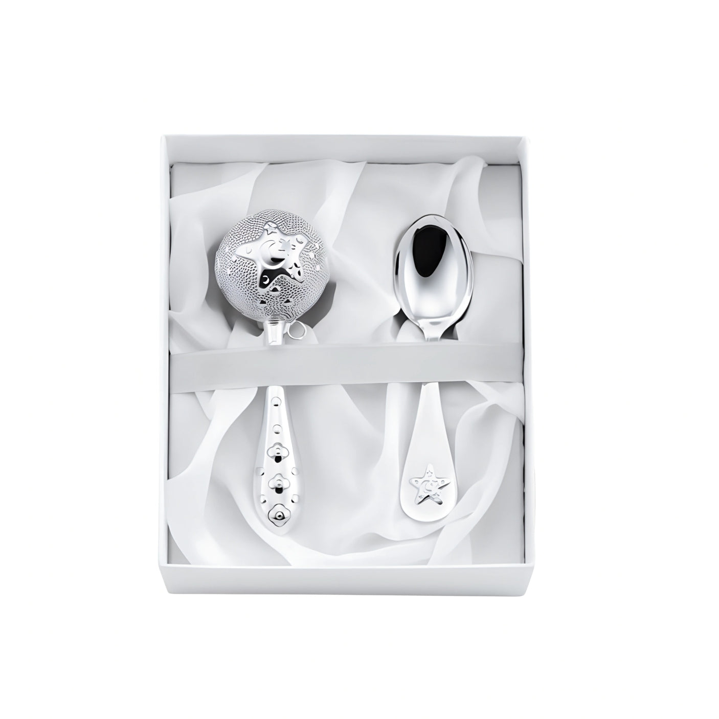 Geschenkset Babyrassel & Babylöffel aus 925 Silber mit Sterne-Motiv – ideal zur Taufe oder Geburt