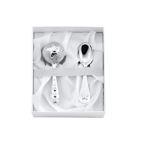Geschenkset Babyrassel & Babylöffel aus 925 Silber mit Sterne-Motiv – ideal zur Taufe oder Geburt
