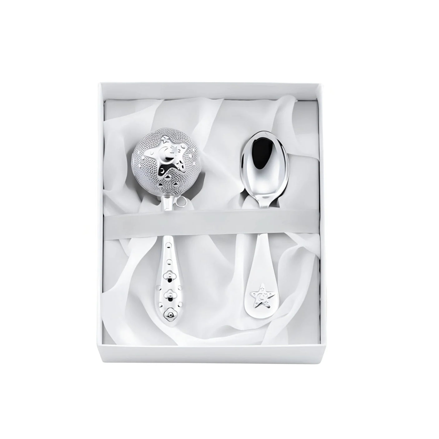 Geschenkset Babyrassel & Babylöffel aus 925 Silber mit Sterne-Motiv – ideal zur Taufe oder Geburt