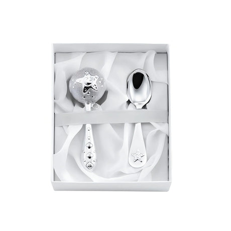 Geschenkset Babyrassel & Babylöffel aus 925 Silber mit Sterne-Motiv – ideal zur Taufe oder Geburt