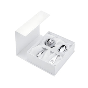 Edles Baby-Geschenkset in Geschenkbox – Rassel & Löffel aus Sterling Silber, Löffel gravierbar.