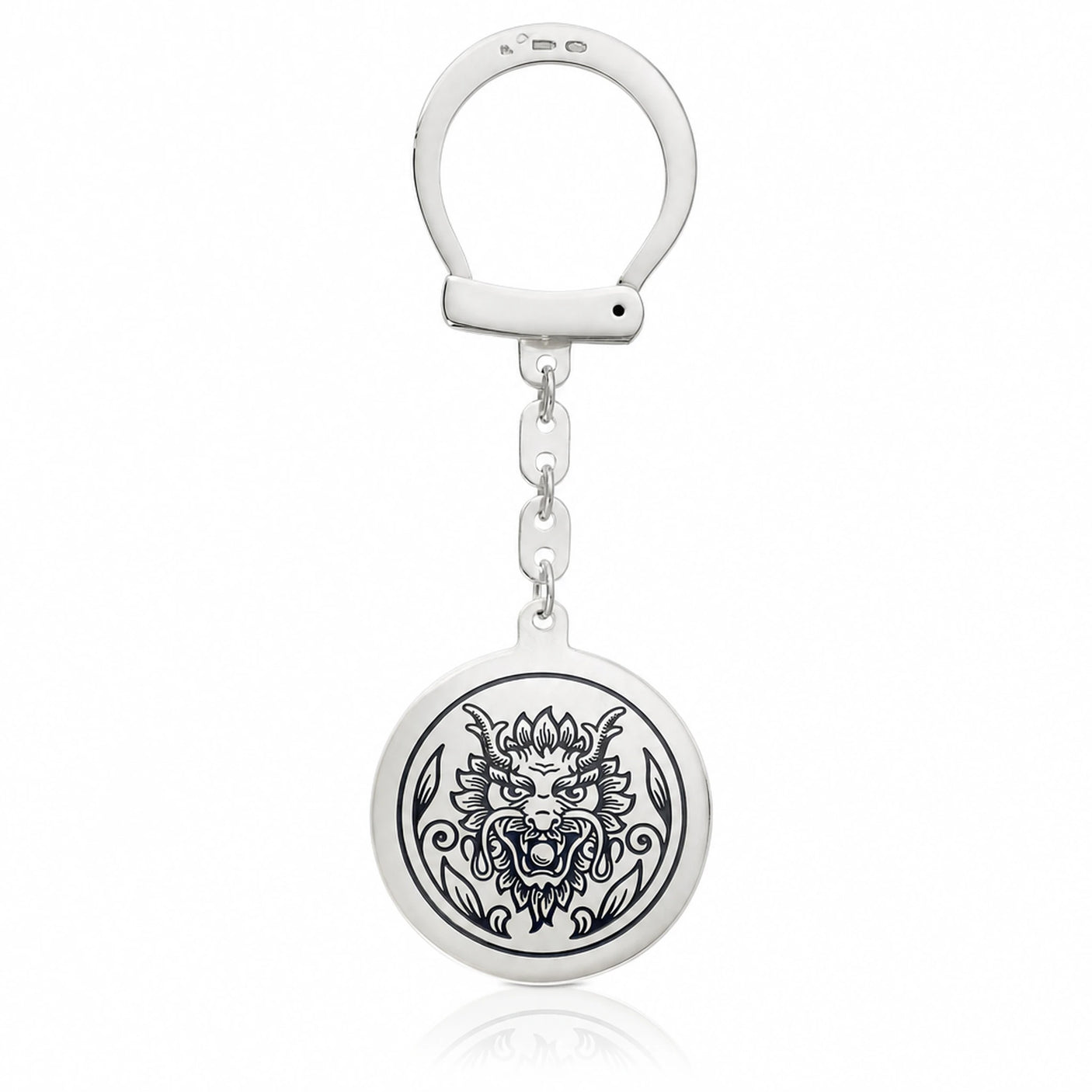 Schlüsselanhänger 925 Silber Niello Drache — rundes Medaillon mit Drachenkopf an Kette und Ring, Talisman