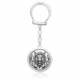 Schlüsselanhänger 925 Silber Niello Drache — rundes Medaillon mit Drachenkopf an Kette und Ring, Talisman