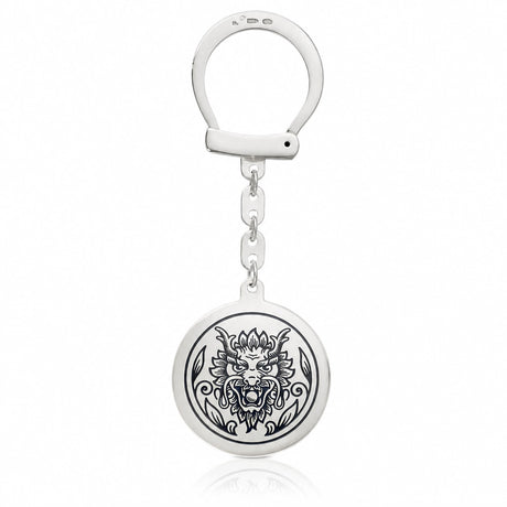 Schlüsselanhänger 925 Silber Niello Drache — rundes Medaillon mit Drachenkopf an Kette und Ring, Talisman