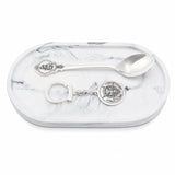 Geschenkset 925 Silber Niello Drache — Schlüsselanhänger und Löffel auf Marmorschale mit Satin, Lifestyle