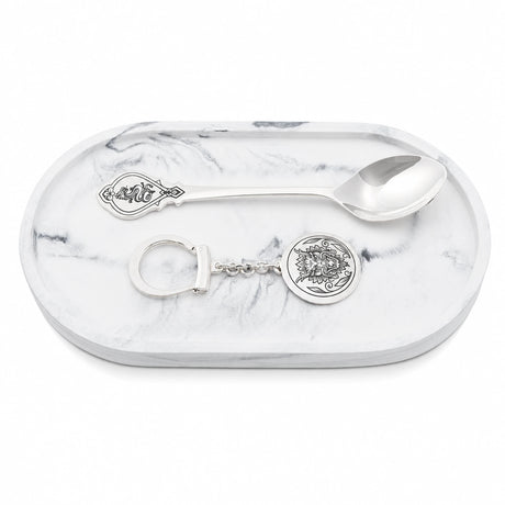 Geschenkset 925 Silber Niello Drache — Schlüsselanhänger und Löffel auf Marmorschale mit Satin, Lifestyle