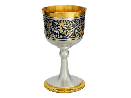 Schnapsglas 925 Silber Niello — vergoldetes Stielglas mit floralem Niello-Goldband, Detailansicht