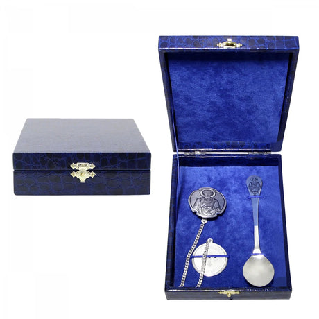Geschenkset Hilfe des Heilers 925 Silber Niello im Etui — Wasser-Anhänger mit Bild des Heiligen Panteleimon und Teelöffel mit orthodoxer Symbolik, beide in echtem welikoustjugischem Niello von SevChern, samtgefüttertes Geschenketui in Marineblau