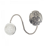 Wasser-Anhänger Heiliger Panteleimon 925 Silber Niello — ovales Medaillon mit Bild des Großmärtyrers Panteleimon (Schutzpatron der Heiler) in Niello-Technik, kleines rundes Gegenstück mit orthodoxem Kreuz und Inschrift, verbunden durch Silberkette
