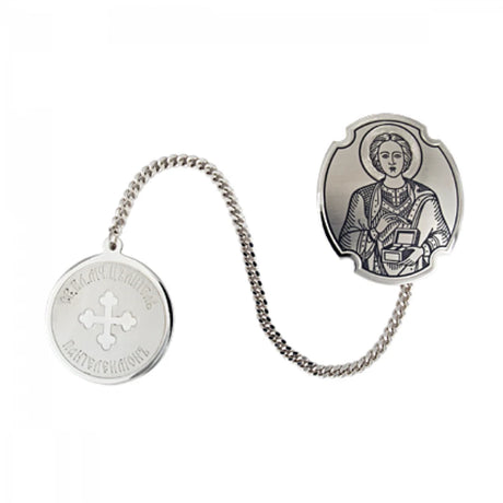 Wasser-Anhänger Heiliger Panteleimon 925 Silber Niello — ovales Medaillon mit Bild des Großmärtyrers Panteleimon (Schutzpatron der Heiler) in Niello-Technik, kleines rundes Gegenstück mit orthodoxem Kreuz und Inschrift, verbunden durch Silberkette