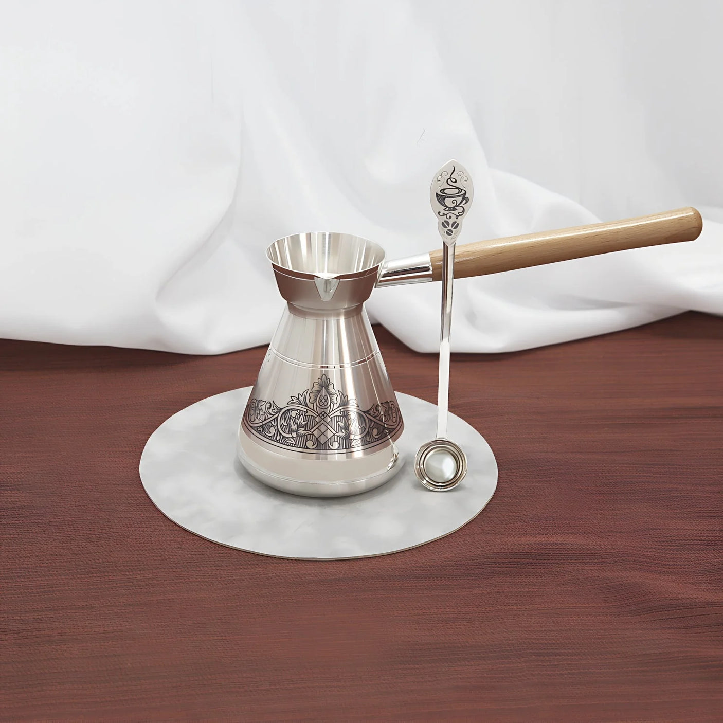Silber Kaffeetürke-Set Niello Ottomana 2-teilig — Cezve mit Niello-Löffel Kaffeemotiv, SevChern, Mokka-Geschenk Hochzeit
