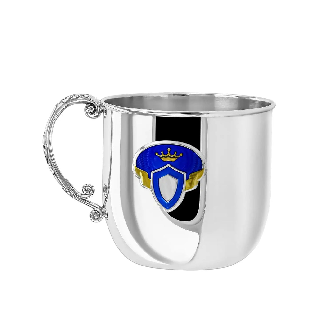 Kinderbecher aus 925 Silber mit blauer Emaille im Prinz-Design – ideale Geschenkidee zur Taufe im hochwertigen Geschenkset.