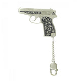 Pistolen-Schlüsselanhänger 925 Silber Niello — stilisierte Halbautomatik im Makarow-Stil mit floraler Niello-Verzierung am Griff und Stern-Symbol, Karabinerhaken zum Befestigen am Schlüsselbund