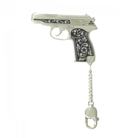 Pistolen-Schlüsselanhänger 925 Silber Niello — stilisierte Halbautomatik im Makarow-Stil mit floraler Niello-Verzierung am Griff und Stern-Symbol, Karabinerhaken zum Befestigen am Schlüsselbund