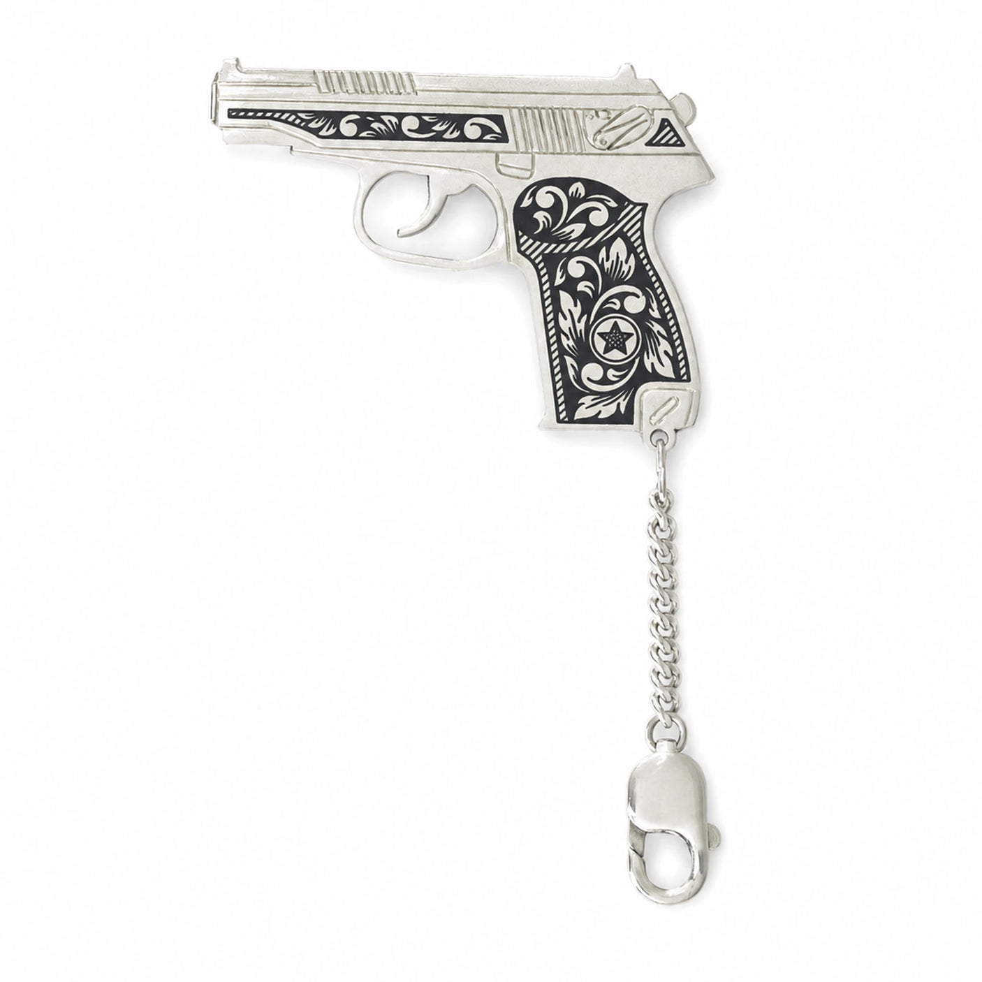 Schlüsselanhänger 925 Silber Niello Pistole — Griff mit floralem Niello-Ornament an Kette und Karabiner