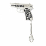 Schlüsselanhänger 925 Silber Niello Pistole — Griff mit floralem Niello-Ornament an Kette und Karabiner