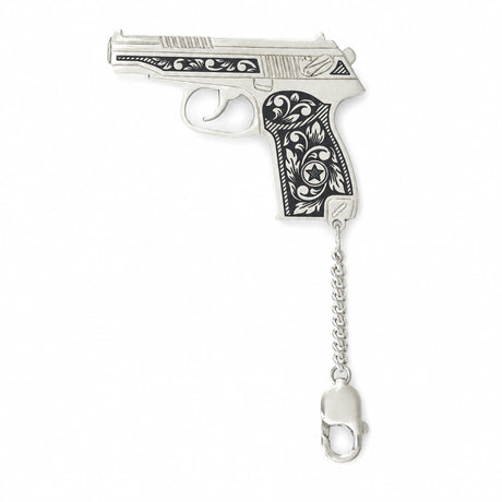 Schlüsselanhänger 925 Silber Niello Pistole — Griff mit floralem Niello-Ornament an Kette und Karabiner