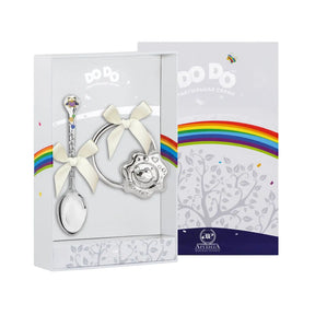 Geschenkset aus 925 Silber – Babyrassel & Babylöffel mit Emaille & Vergoldung in edler Geschenkbox.