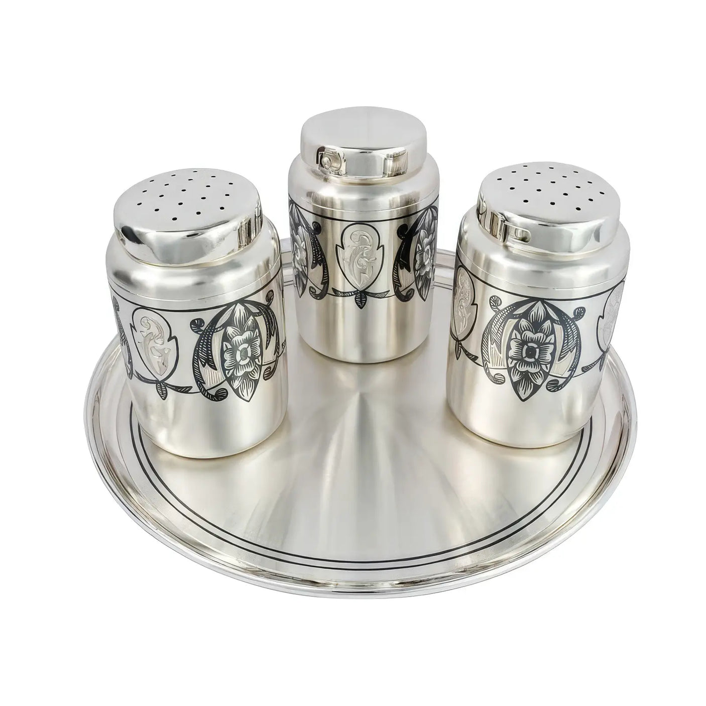 Gewürzestreuer Set 925 Silber mit Niello Verzierung 3-teilig auf Tablett, edles Tafelsilber für stilvolle Tischkultur