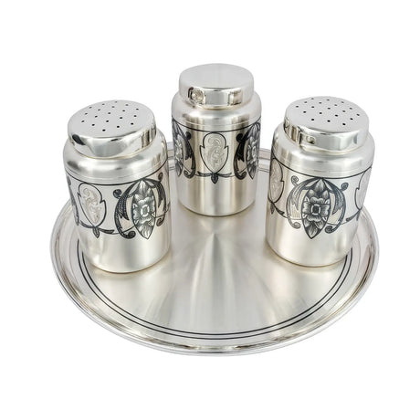 Gewürzestreuer Set 925 Silber mit Niello Verzierung 3-teilig auf Tablett, edles Tafelsilber für stilvolle Tischkultur