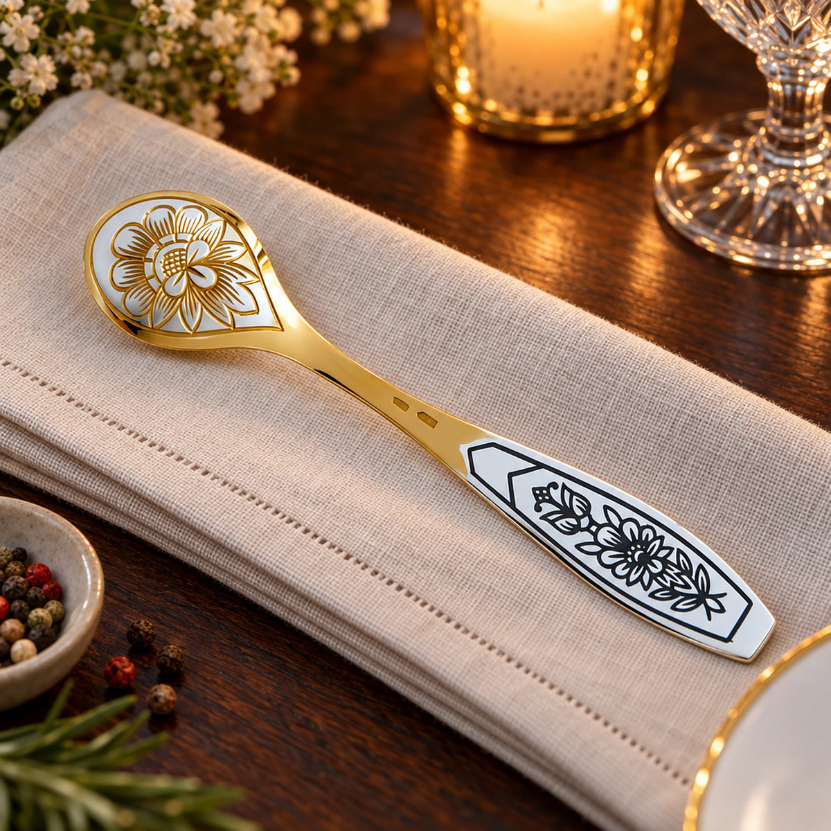 Gewürzlöffel 925 Silber vergoldet Astra Classic — Lifestyle-Setting an der gedeckten Tafel