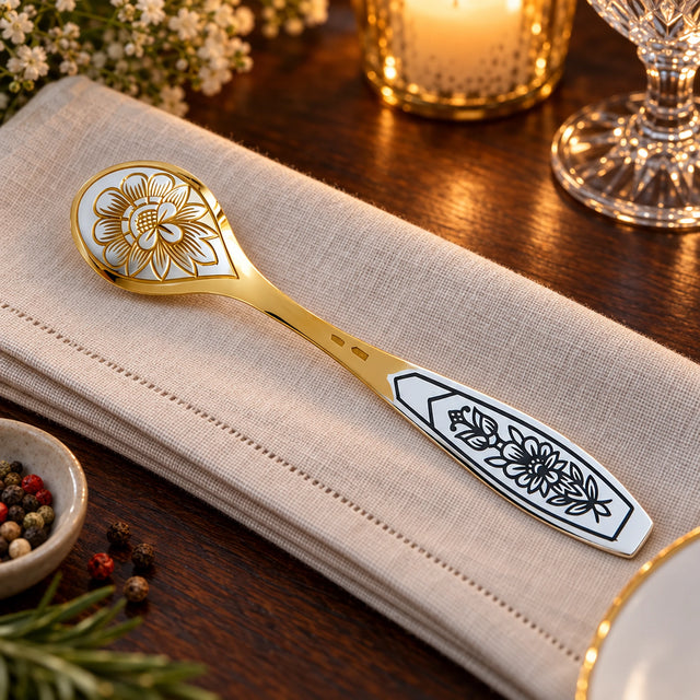 Gewürzlöffel 925 Silber vergoldet Astra Classic — Lifestyle-Setting an der gedeckten Tafel